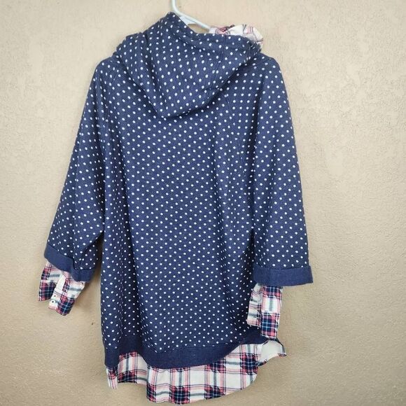 Honeydew White Polka Dot Hoodie with Plaid Trim Size Large (3667CL) - Picture 2 of 3